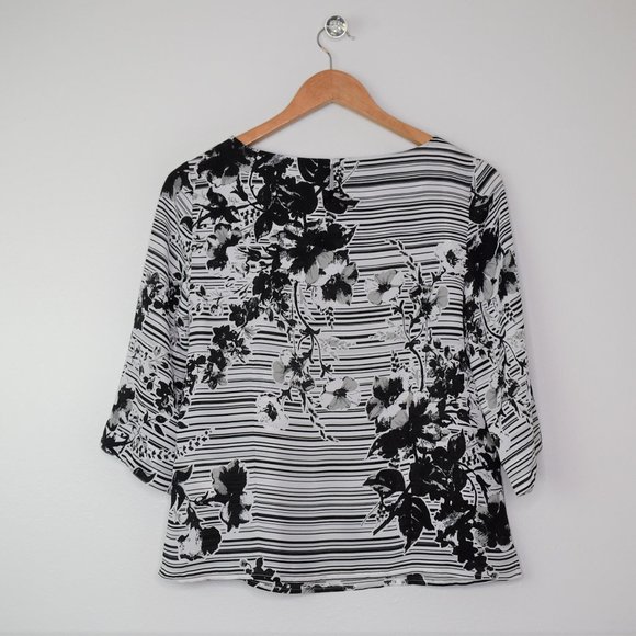 Laundry Boat Neck Half Sleeve Floral Top Size 2 XS Black White NWT - Picture 3 of 8